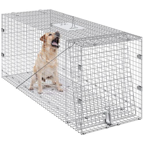VEVOR Live Animal Cage Trap, 42" x 16" x 18" Humane Cat Trap Galvanized Iron, Folding Animal Trap with Handle for Stray Dogs, Armadillos, Raccoon