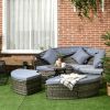 4pc Rattan Patio Furniture Set, Convertible Round Daybed/Sunbed, Adjustable Sun Canopy, Sectional Sofa, 2 Chairs, Table